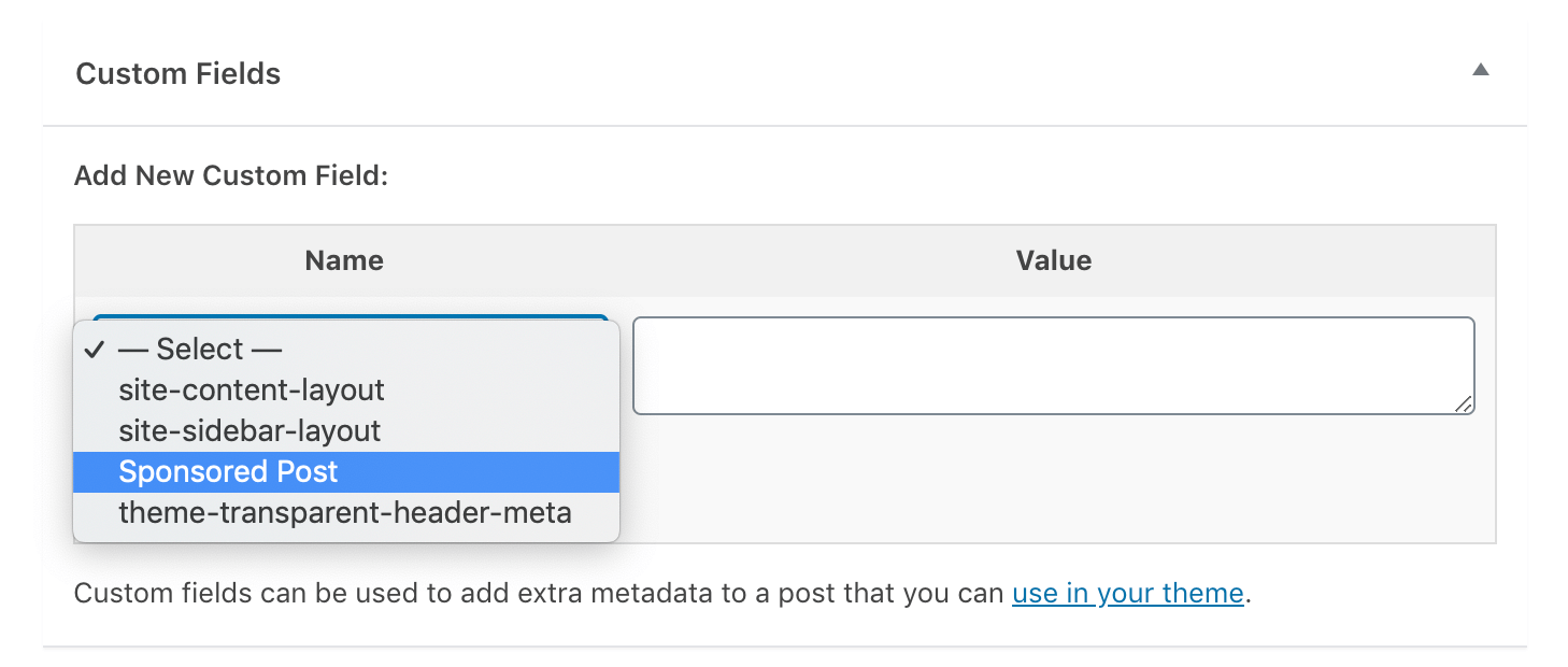 Selecting a custom field from the dropdown.