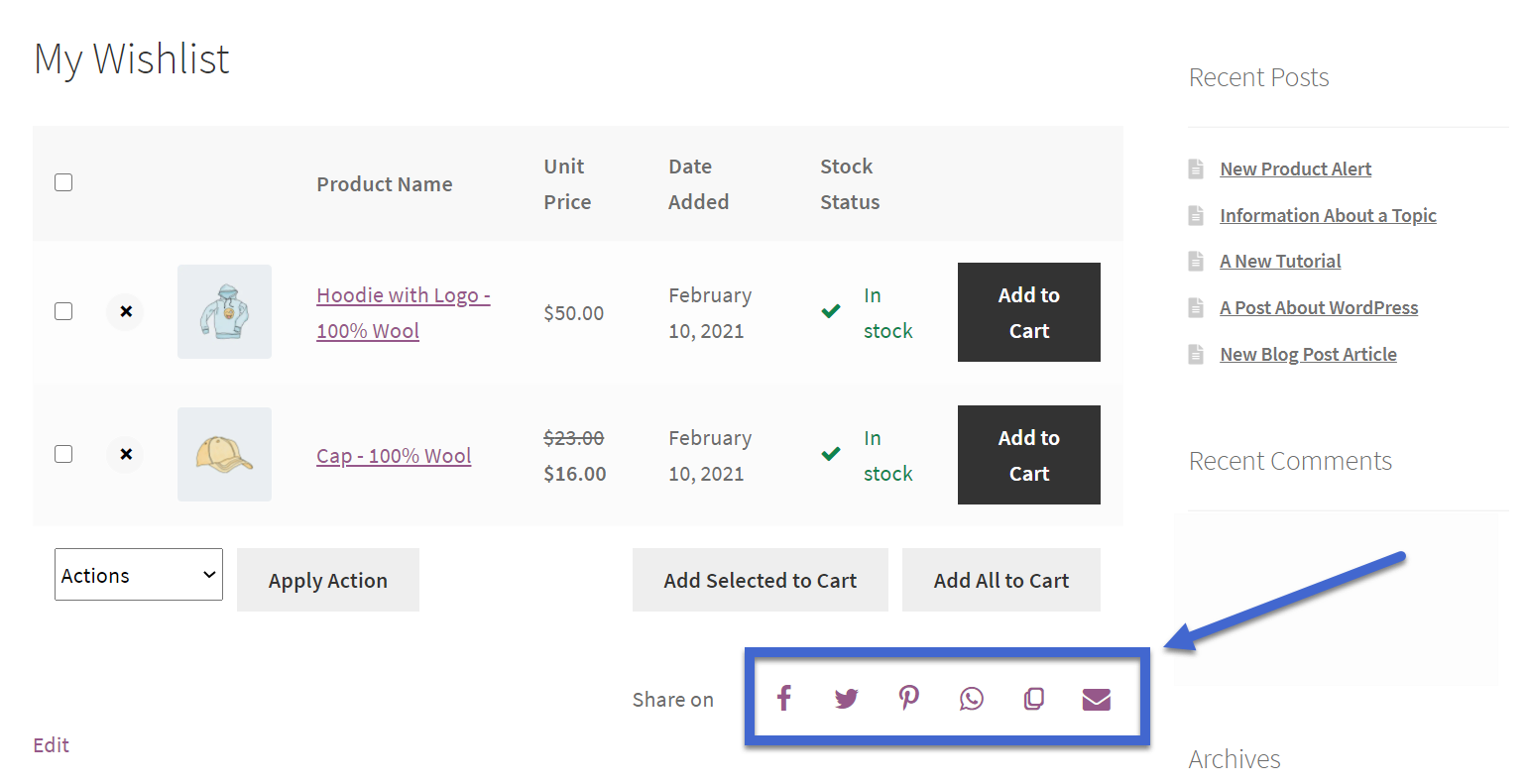 share WooCommerce wishlist to social media.