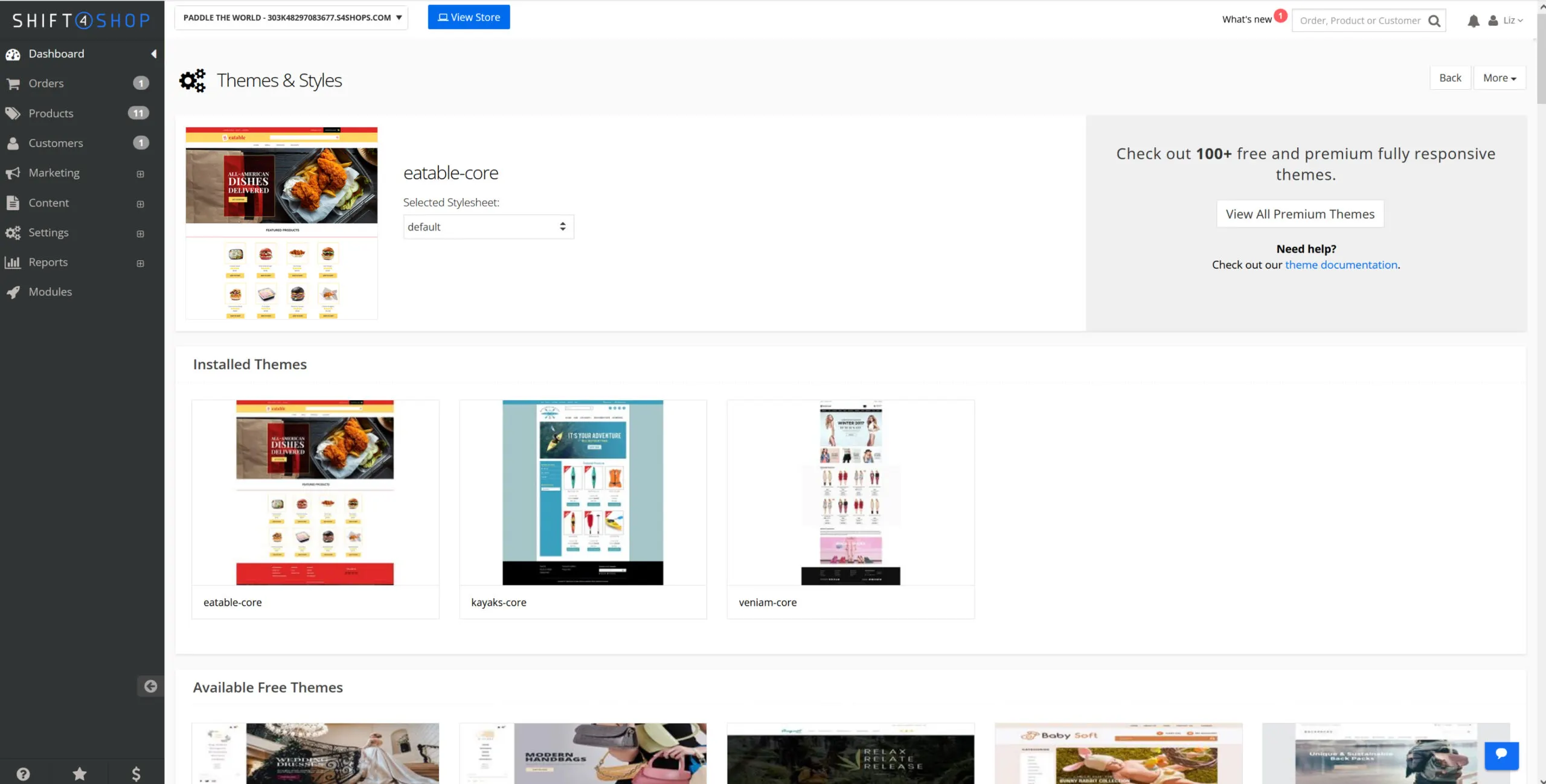 Screenshot of Shift4Shop’s theme management dashboard.