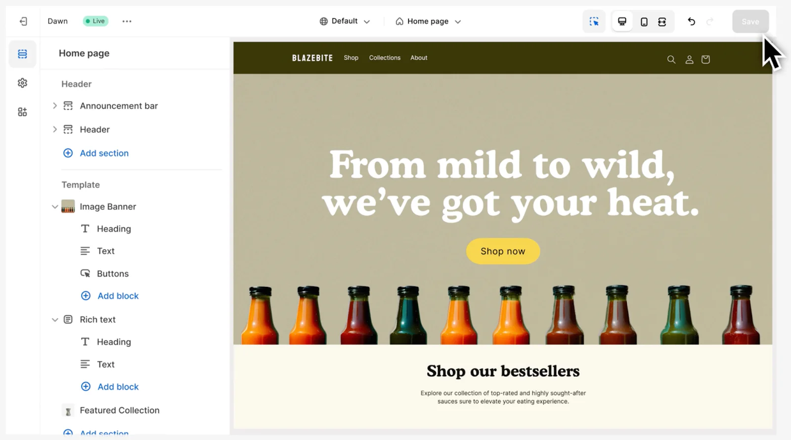Shopify website editor showing a hot sauce store with customizable sections and a 'Shop now' button.