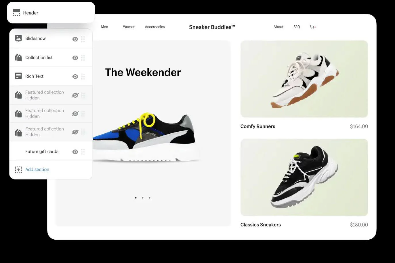 A back-end view of a Shopify ecommerce store, featuring a menu with options like 