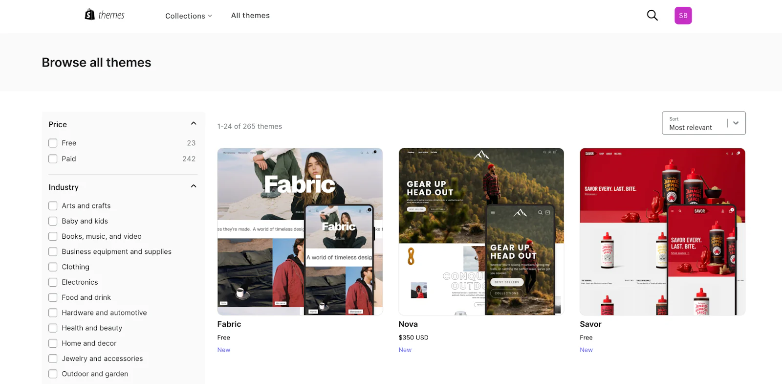 A screenshot of themes available from the Shopify Theme Store.
