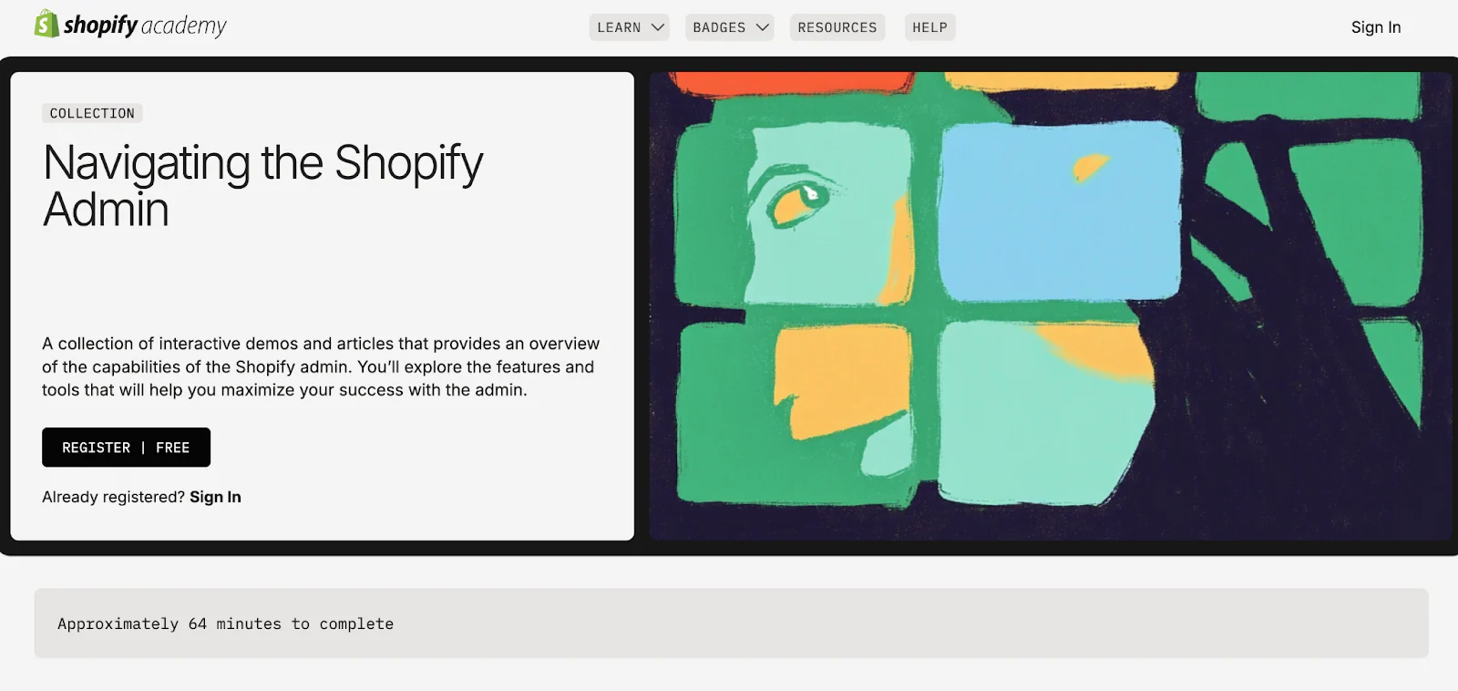 Shopify landing page for Navigating the Shopify Admin course.