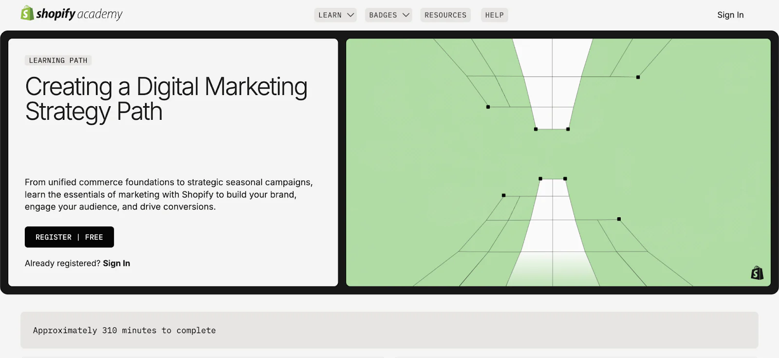Landing page for Shopify's Creating a Digital Marketing Strategy learning path.