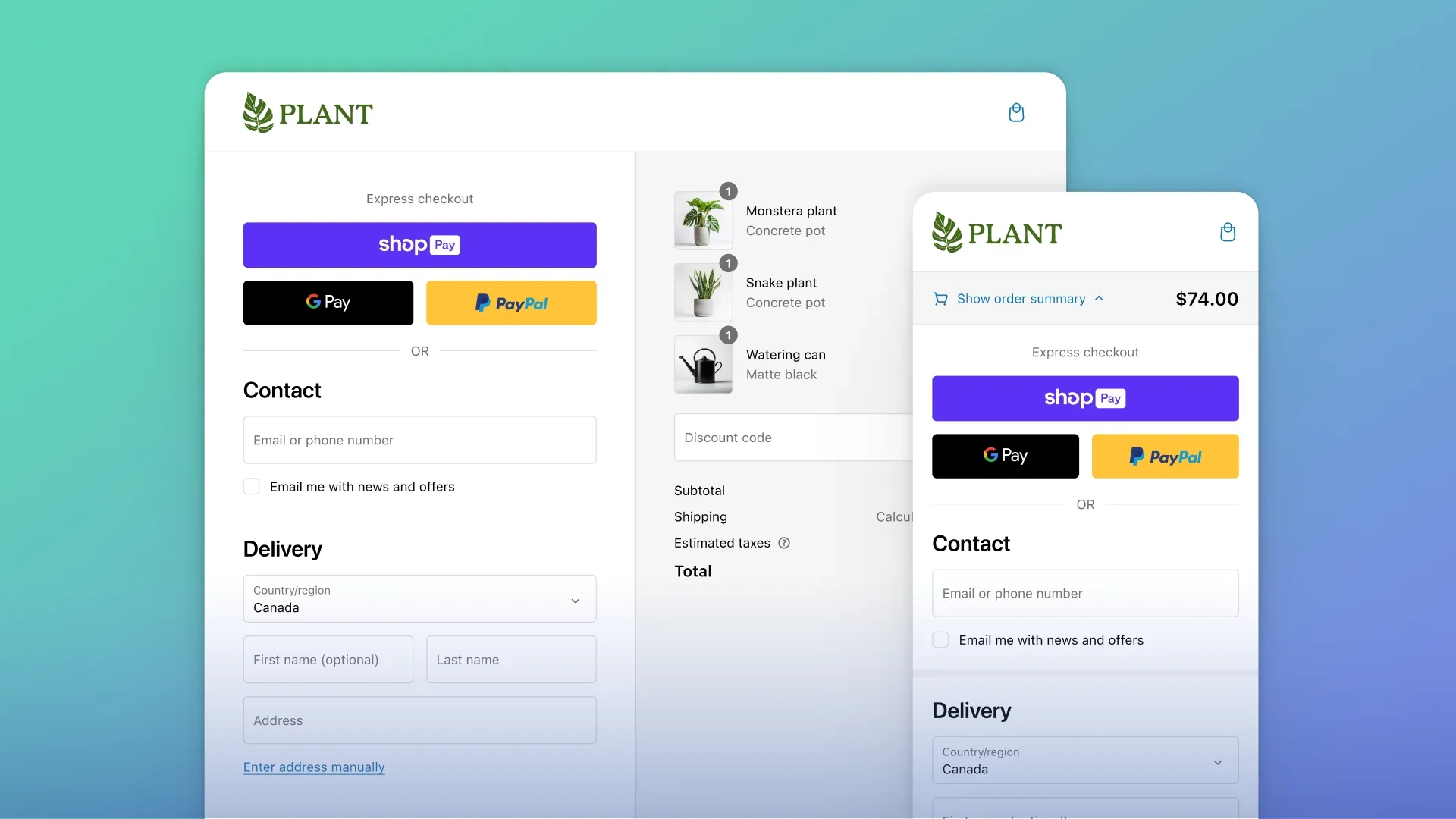 A Shopify checkout for a plant store in desktop and mobile versions with multiple payment options