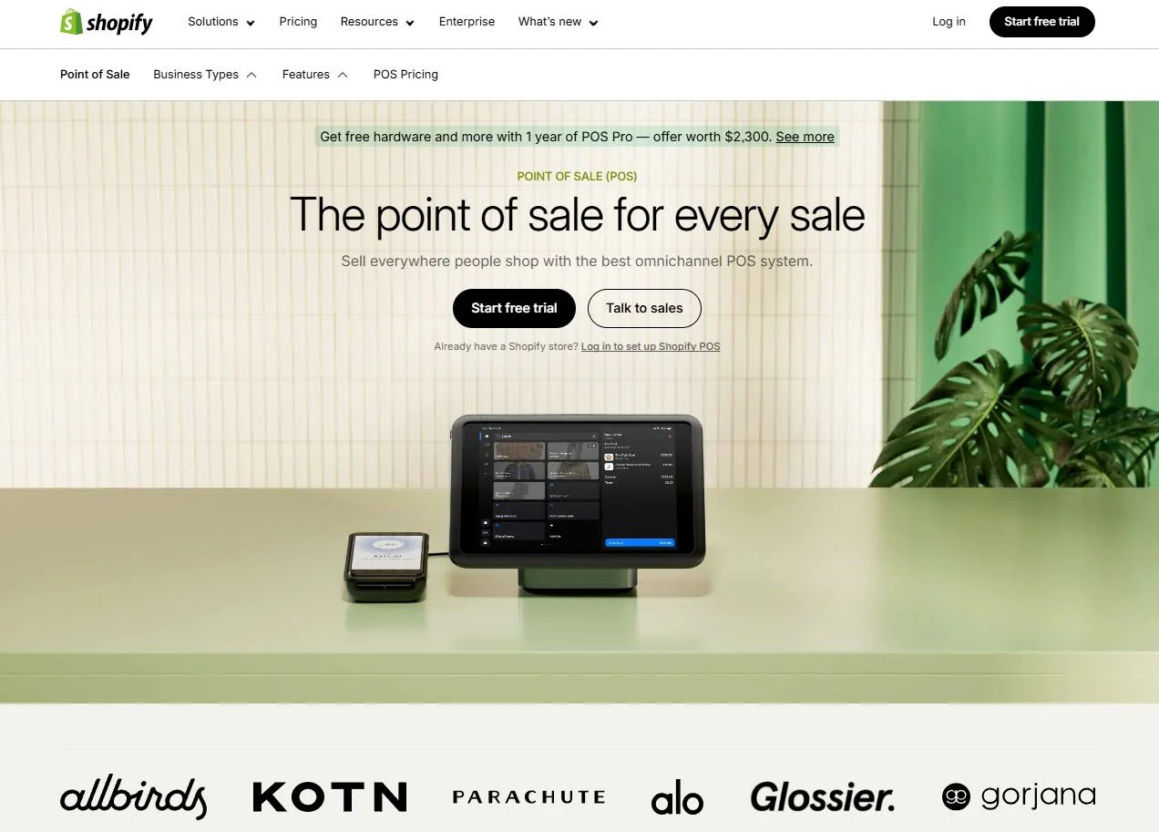 Screenshot of Shopify POS landing page.