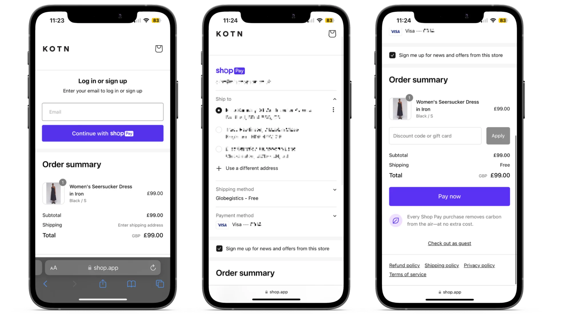 Example Shop Pay checkout for Kotn with a woman’s black dress in the cart.