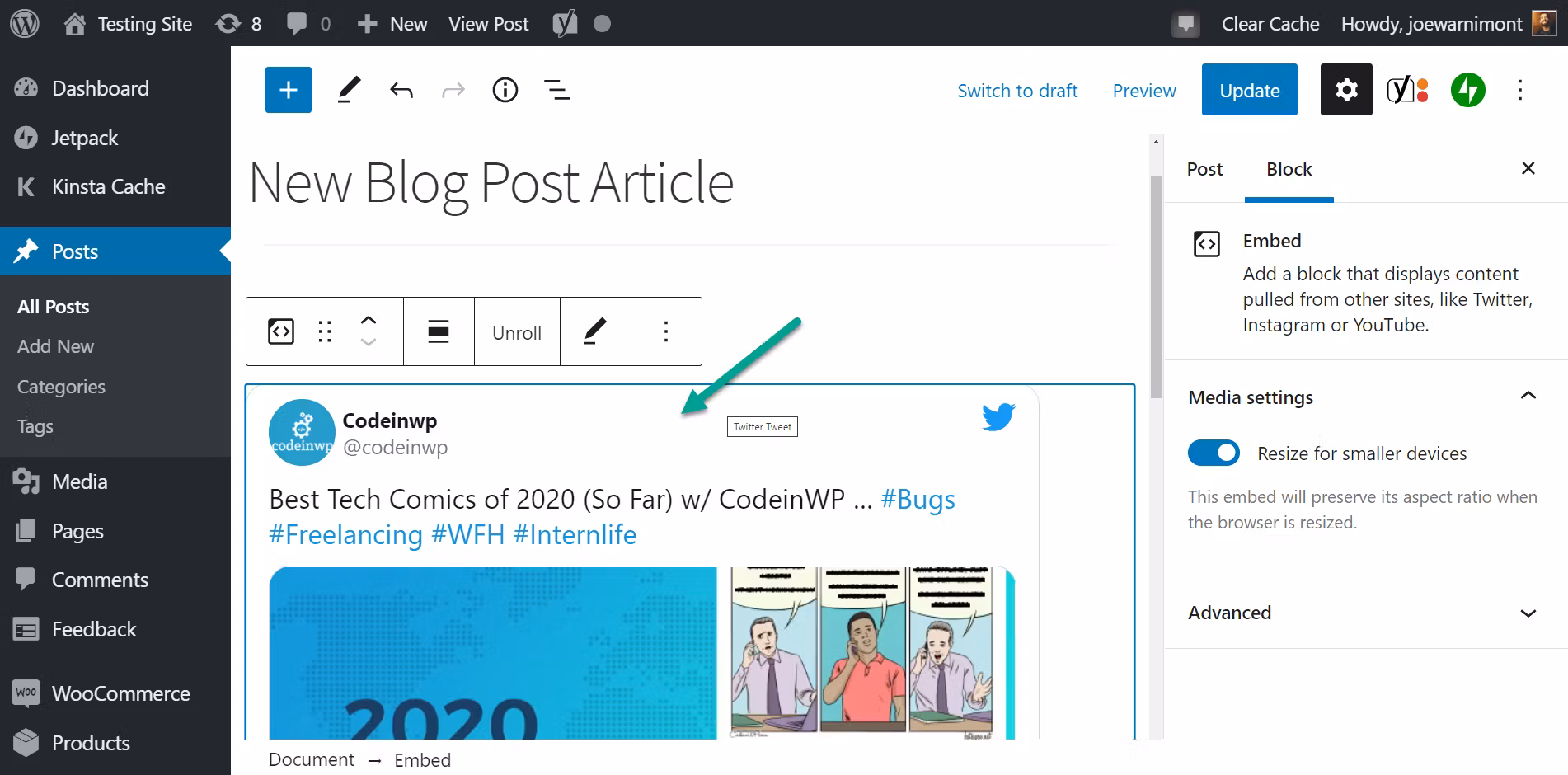 embed tweets shown in the dashboard