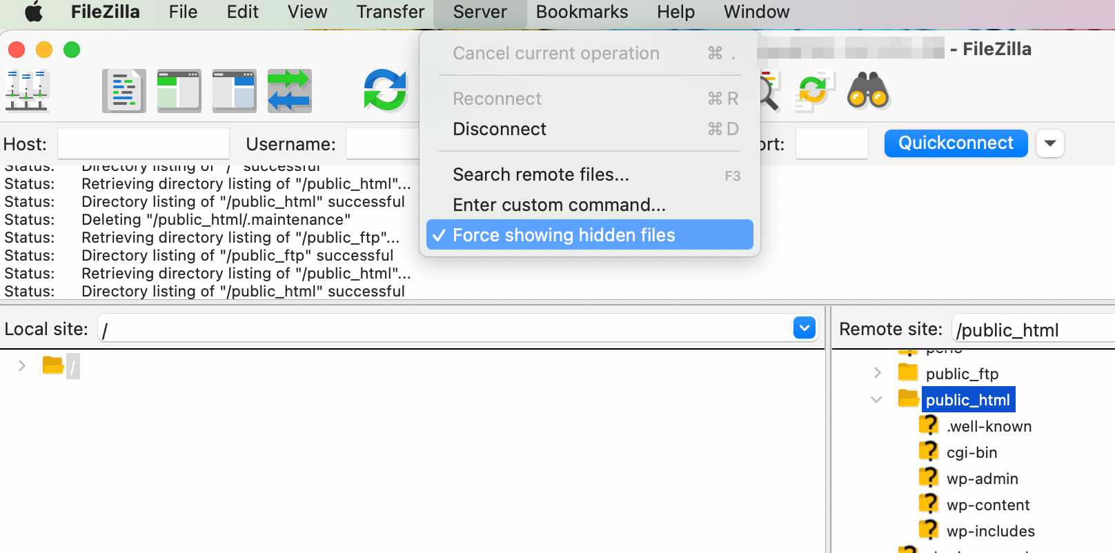 Force showing hidden files in FileZilla