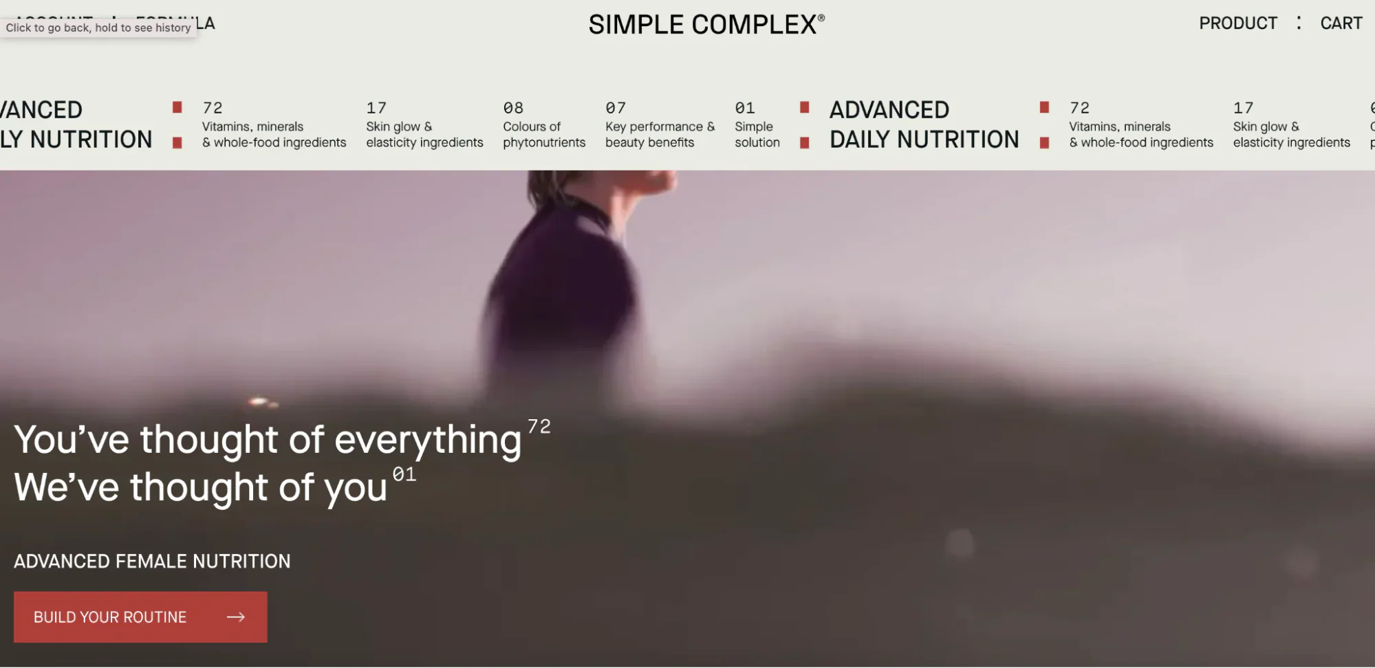 Simple Complex’s website with a video of a person walking through water.