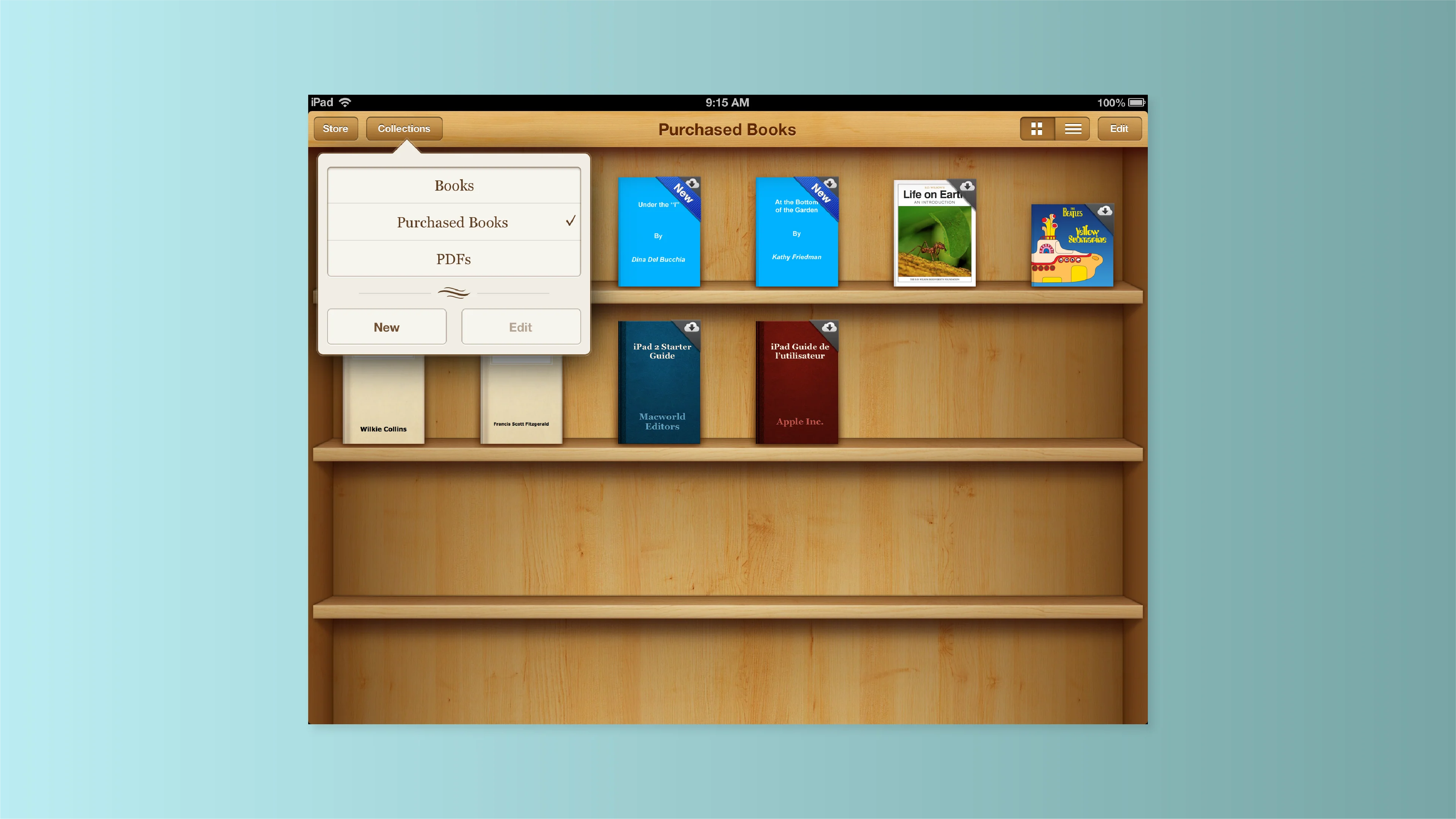 Apple iOS 6 used a skeuomorphic bookshelf that had 3D shelves and wood textures.