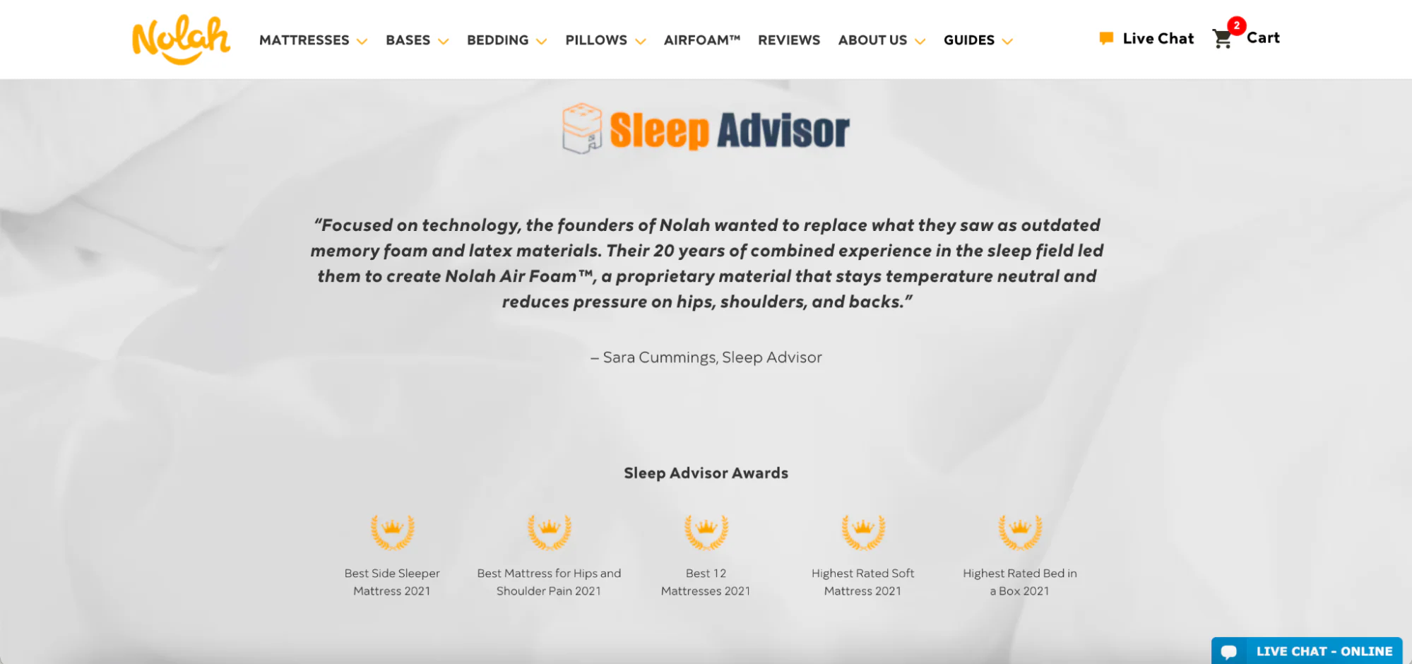 Sleep Advisor quote praising Nolah Air Foam, with awards displayed below.