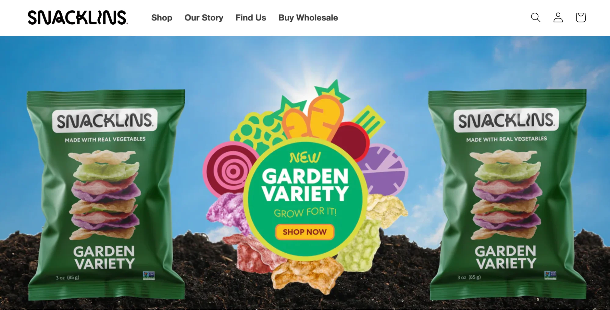 Snacklins’ homepage with two packets of vegetable crisps.