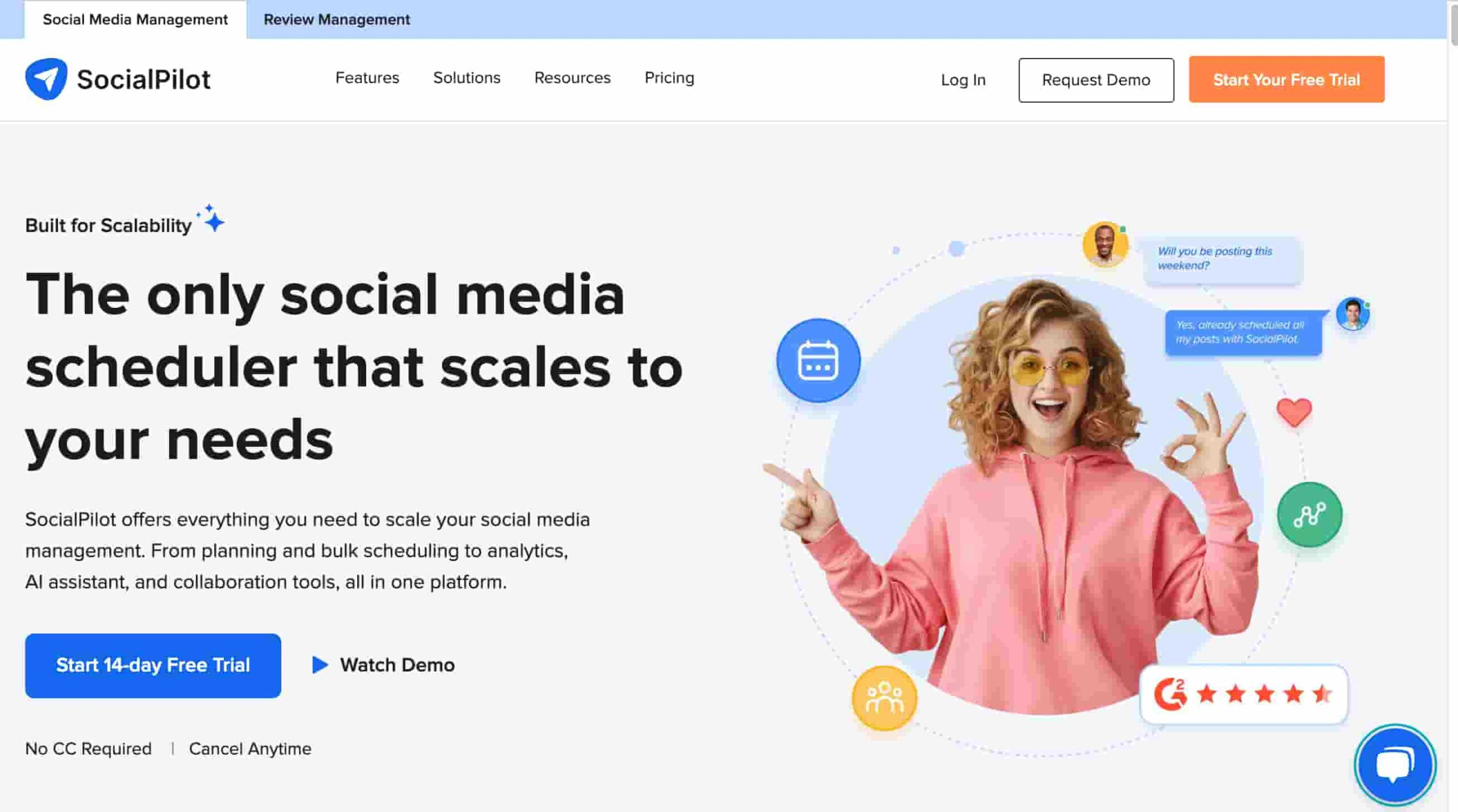 SocialPilot homepage showing a product description, trial button, menu and a graphic.