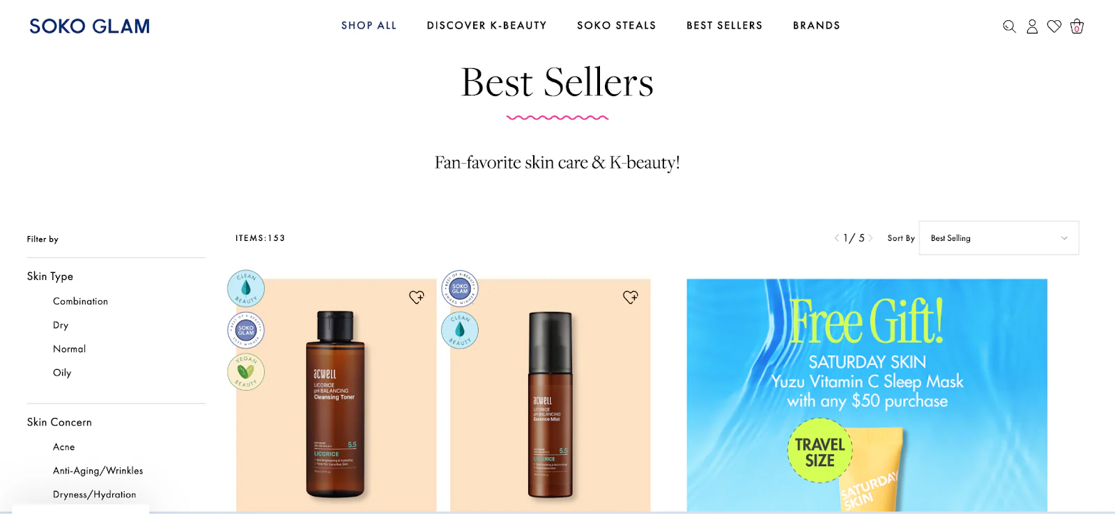 Soko Glam’s best sellers page.