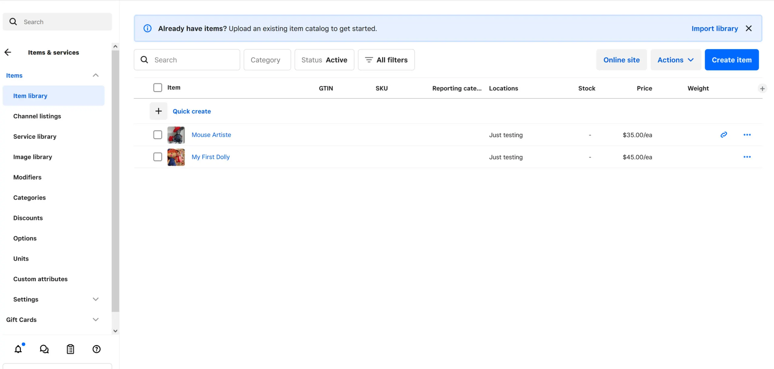 Screenshot of Square Online’s product catalog overview dashboard.