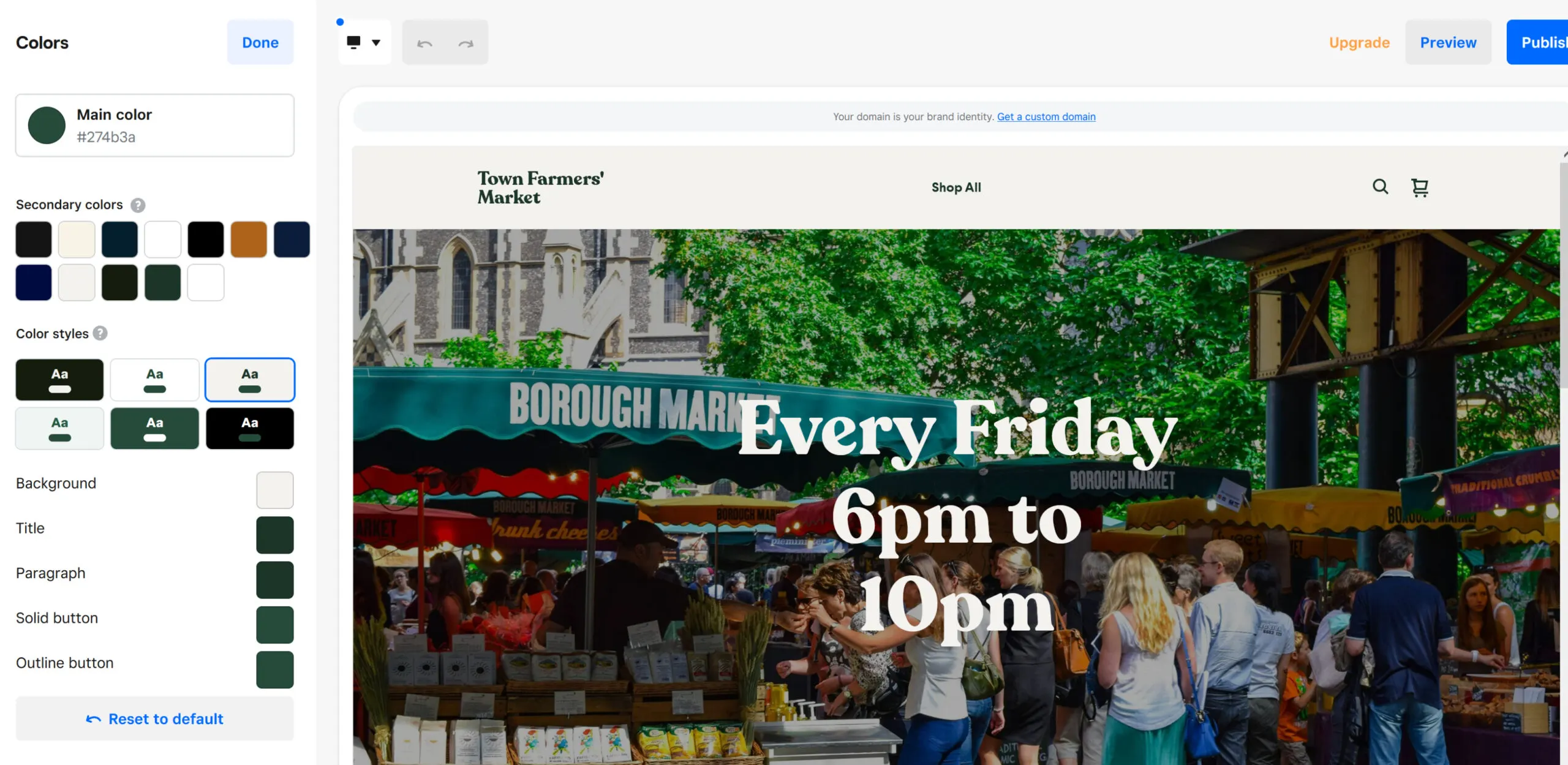Screenshot of Square Online’s website builder preset color and font sets.