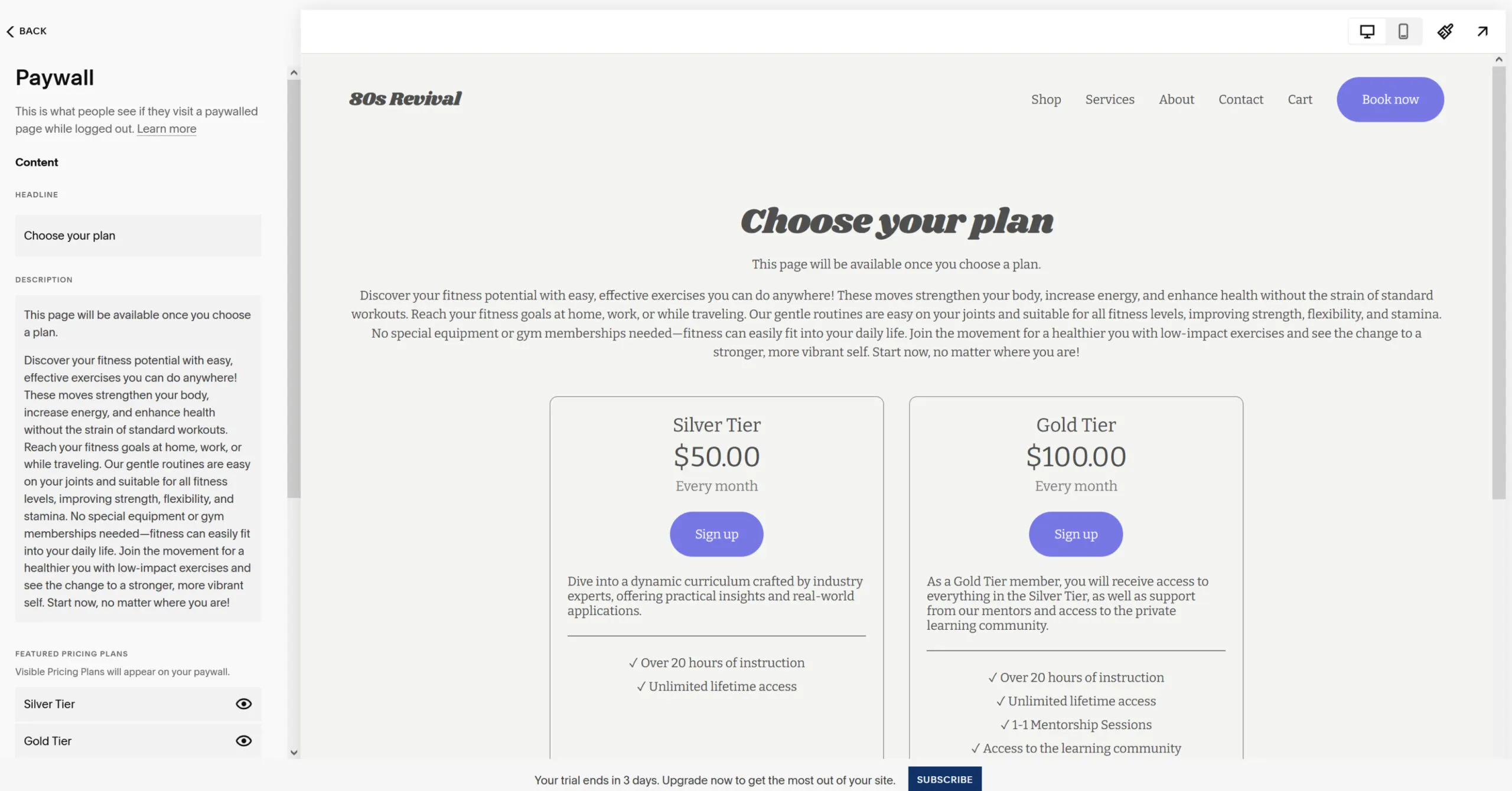 Screenshot of Squarespace's blog paywall feature.
