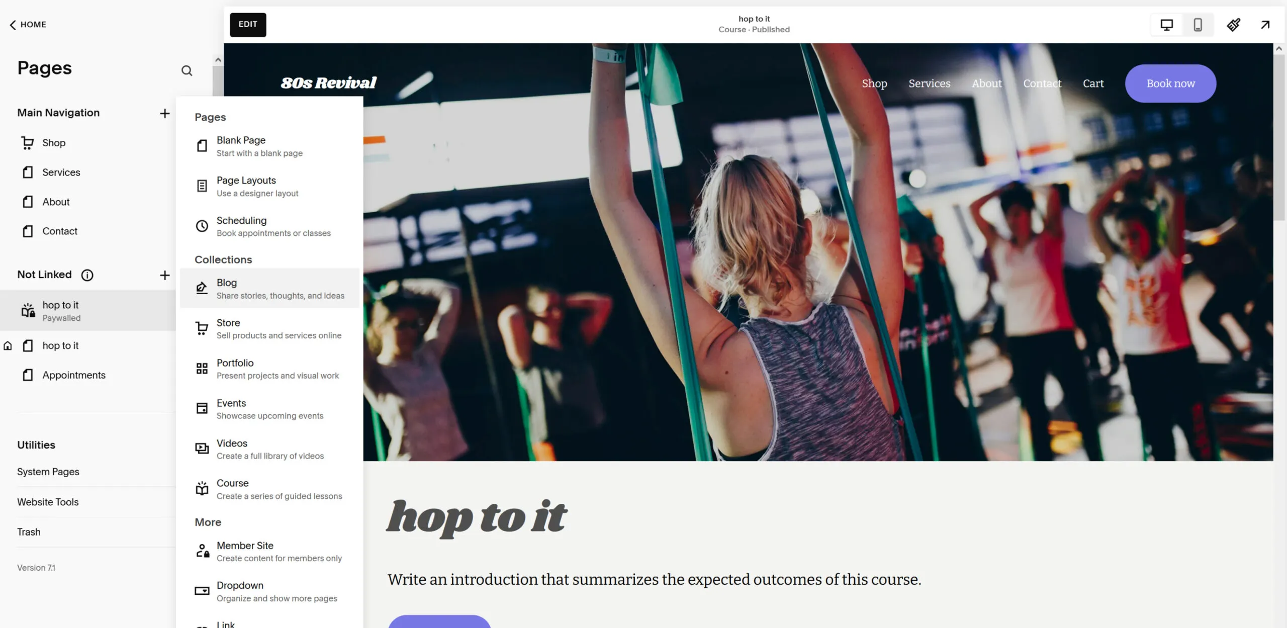 Screenshot of Squarespace page types dashboard popup.