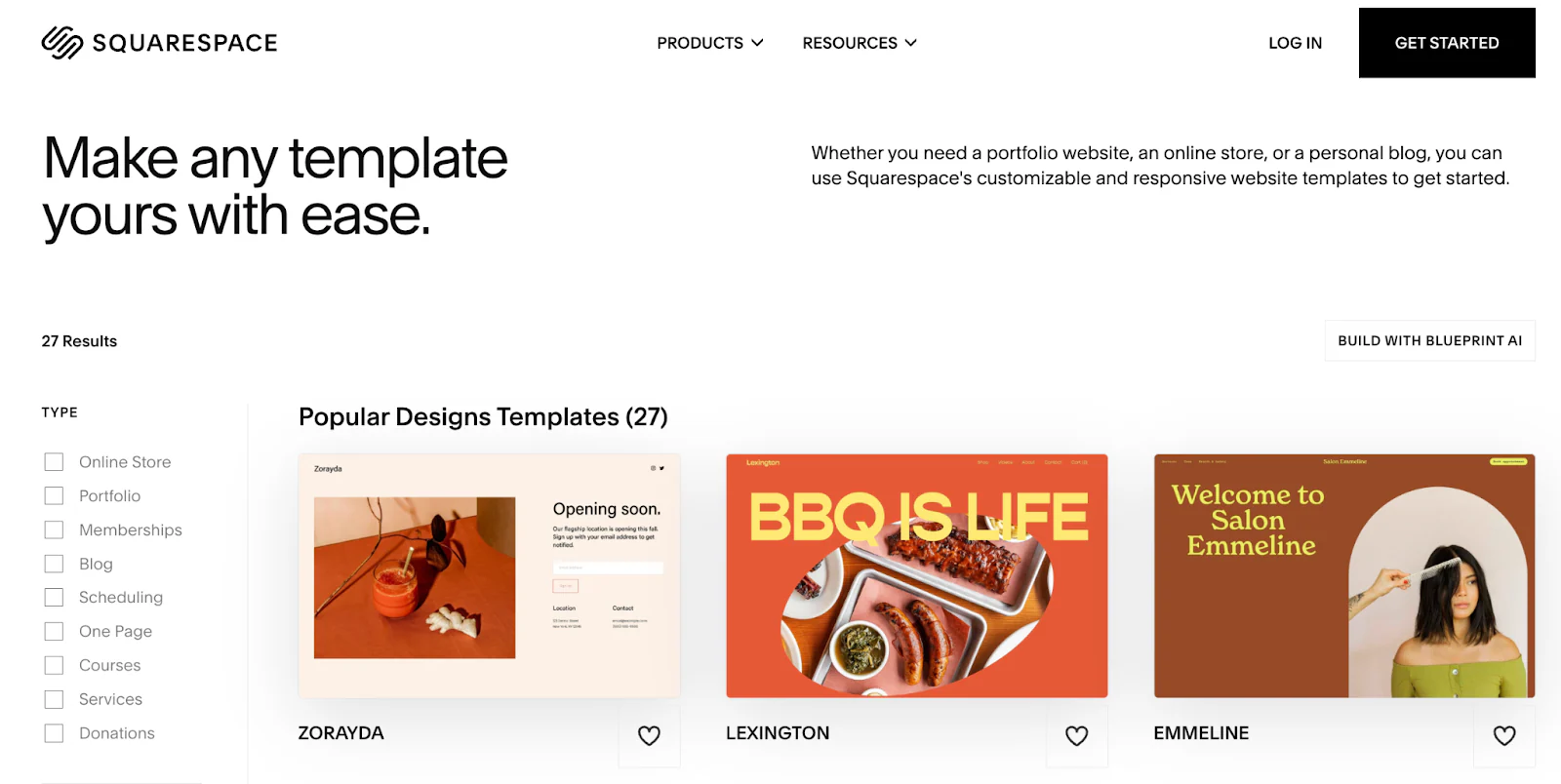 A screenshot of themes available from Squarespace