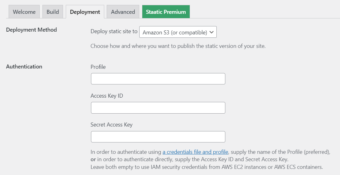 Authentication settings in Staatic