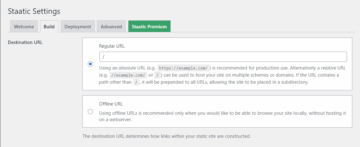 Entering the Destination URL in Staatic.