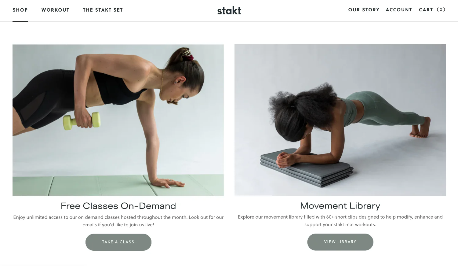 Stakt homepage highlighting on-demand workout classes and a movement library.
