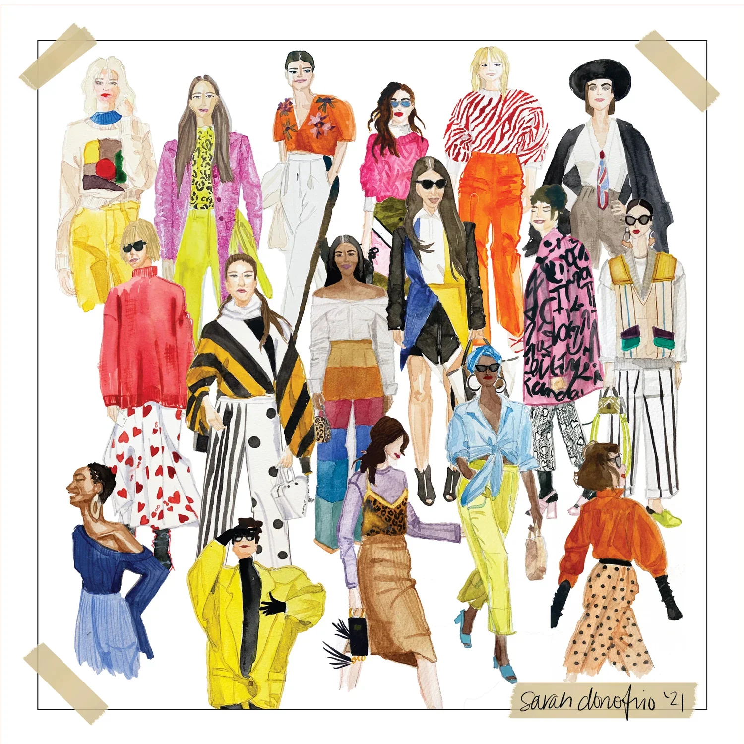 A collage of fashion illustrations in watercolor from Sarah's clothing brand