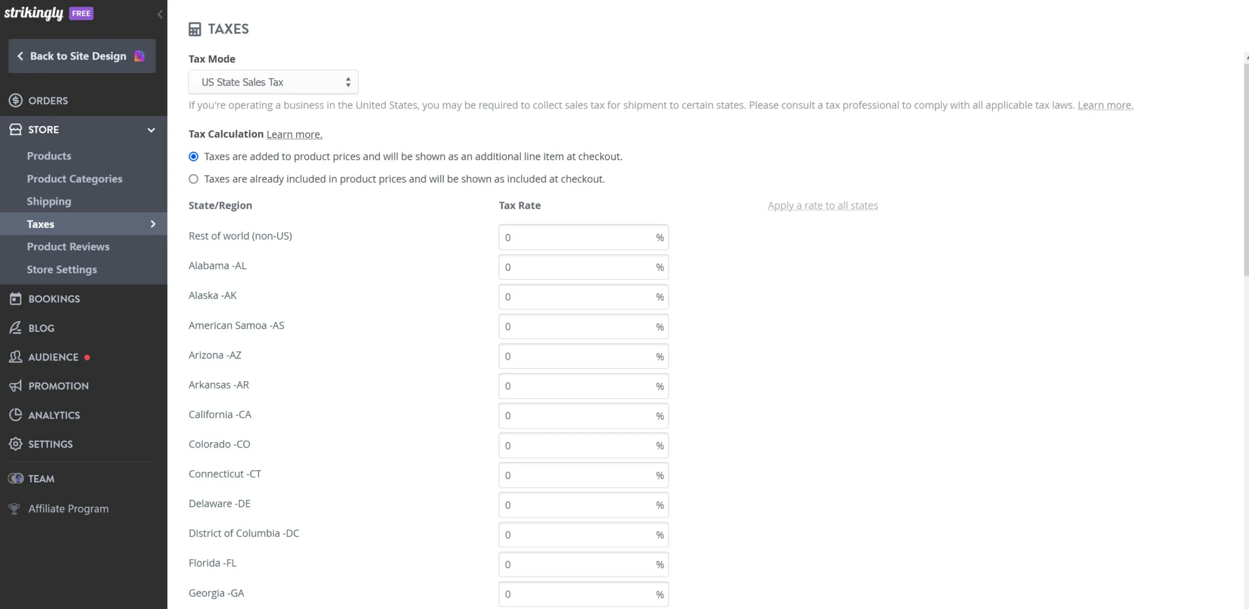 Screenshot of Strikingly’s sales tax screen.