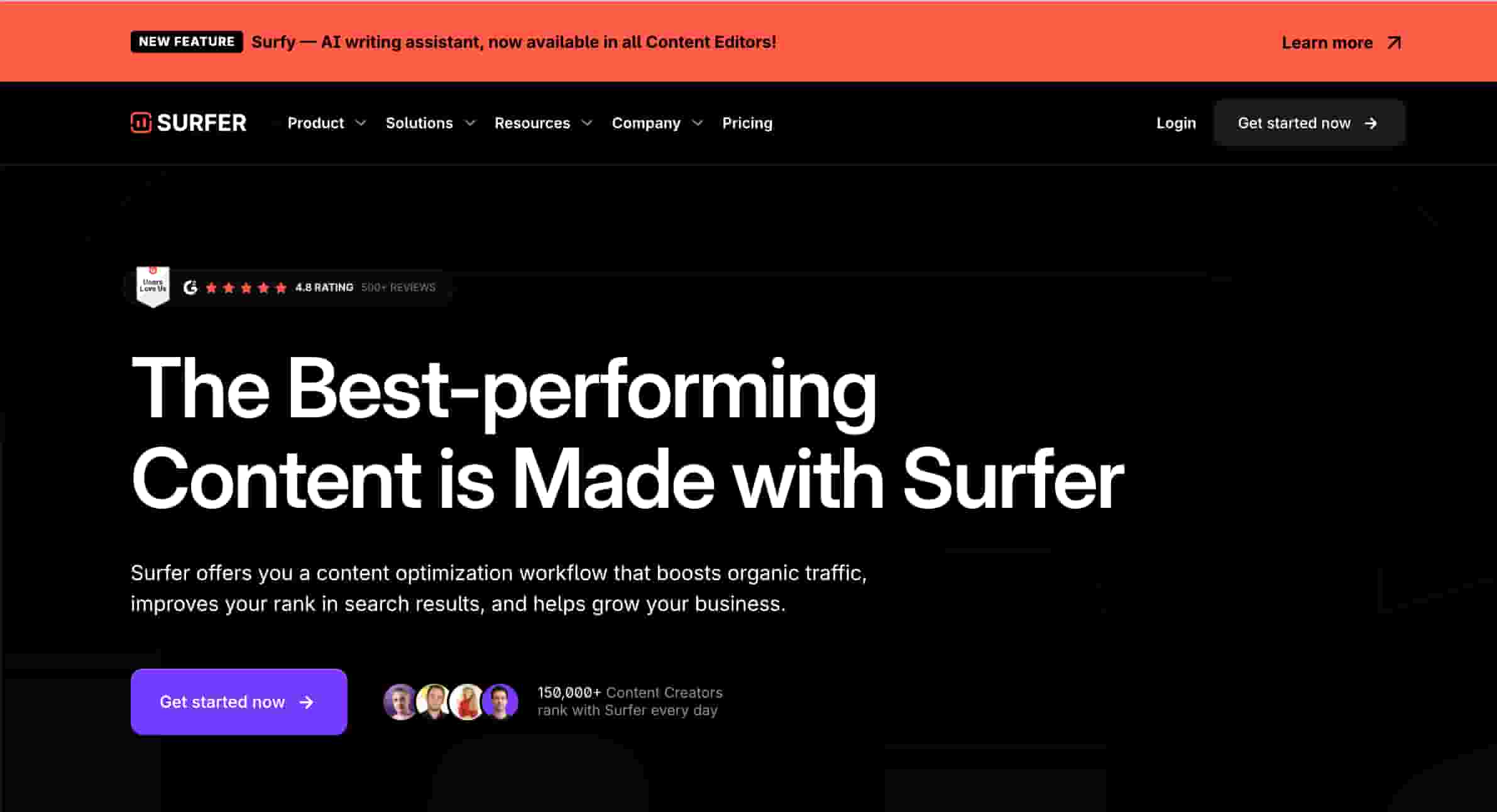 Surfer SEO homepage showing a product description, a website menu and a demo button.