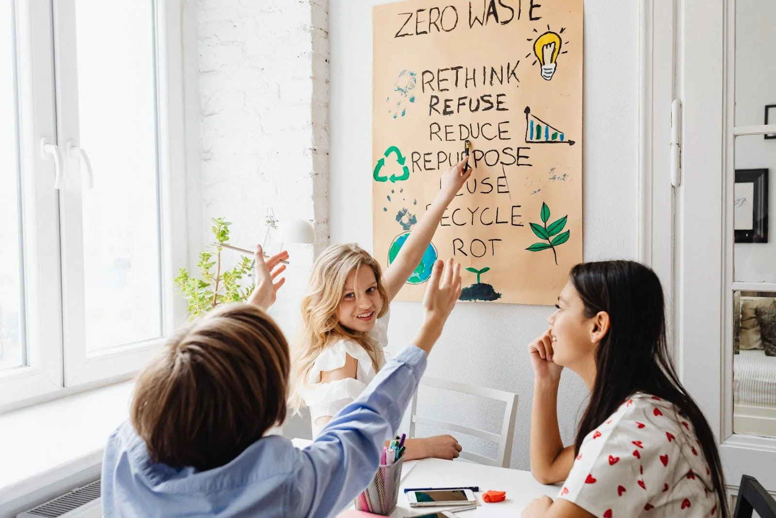 Two kids point to a wall chart outlining steps to sustainability.