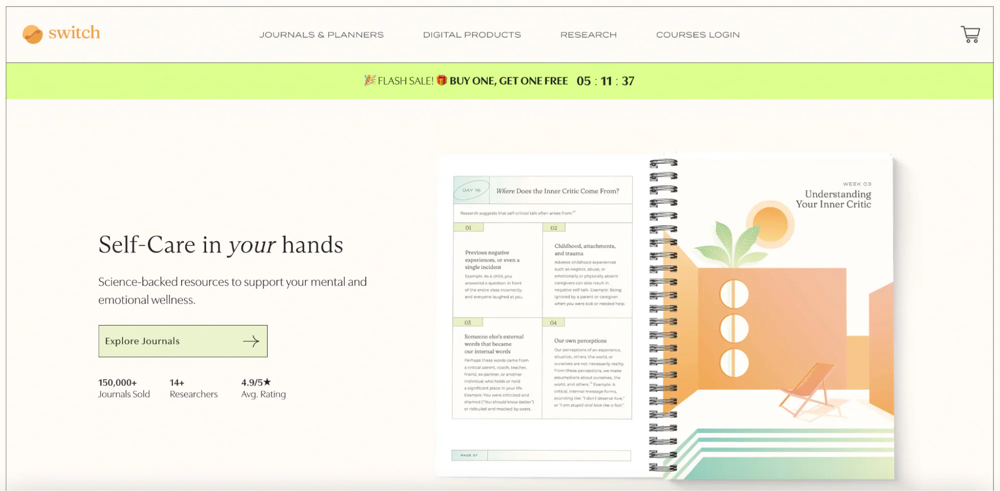 Switch’s homepage features neutral colors and an image of an open journal.