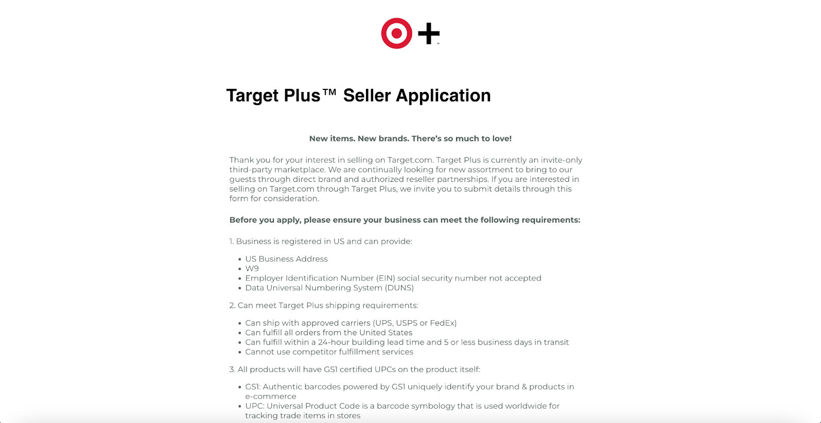 Screenshot that explains the Target Plus Seller Application process.