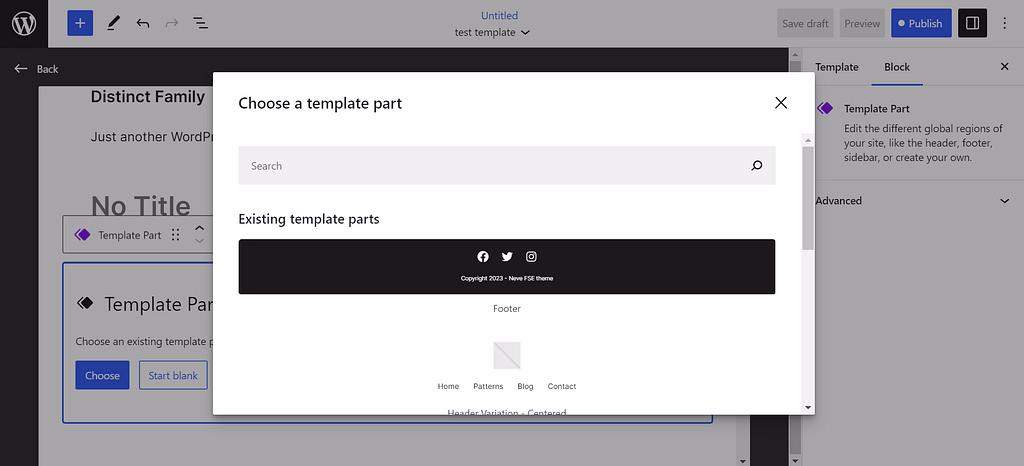 Template parts in a custom WordPress template.