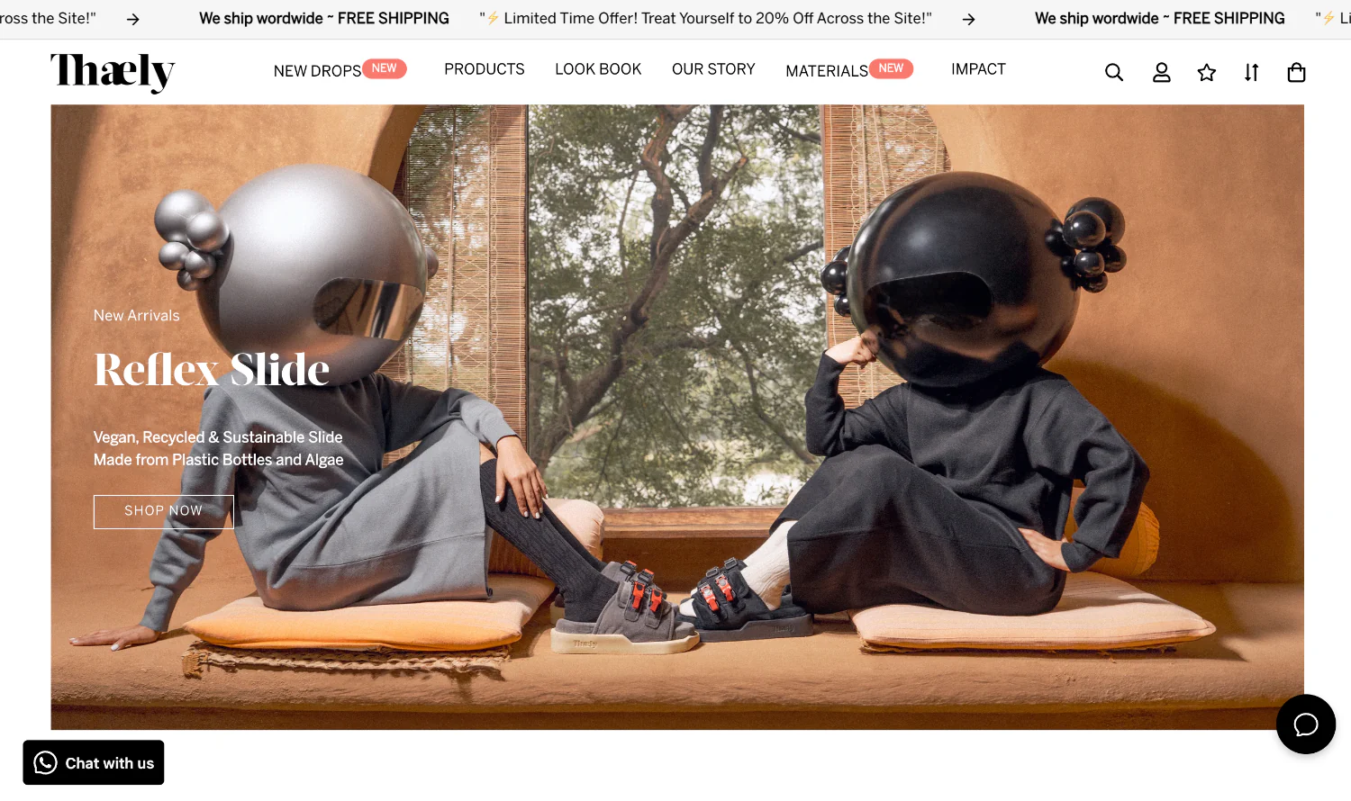 Thaely’s homepage shows models wearing the Reflex Slide and futuristic helmets while sitting on cushions.