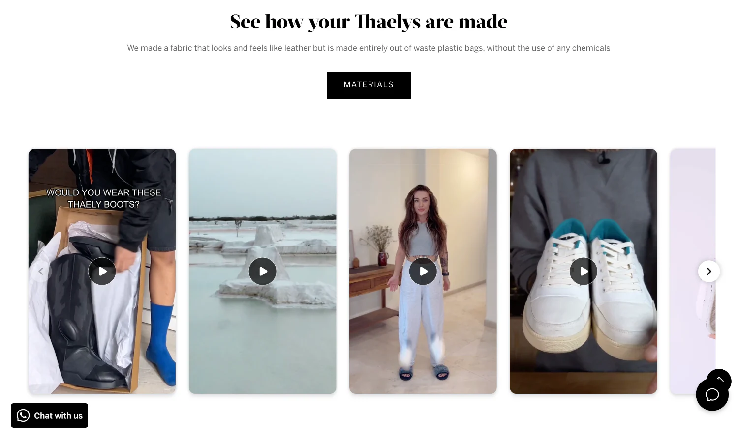 Thaely sustainable footwear page with videos on it uses recycled materials to make its shoes. how their shoes.