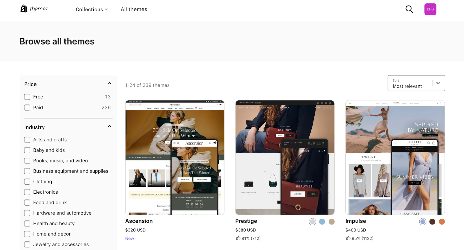 The Shopify Theme Store showcasing Ascension, Prestige, and Impulse website themes.