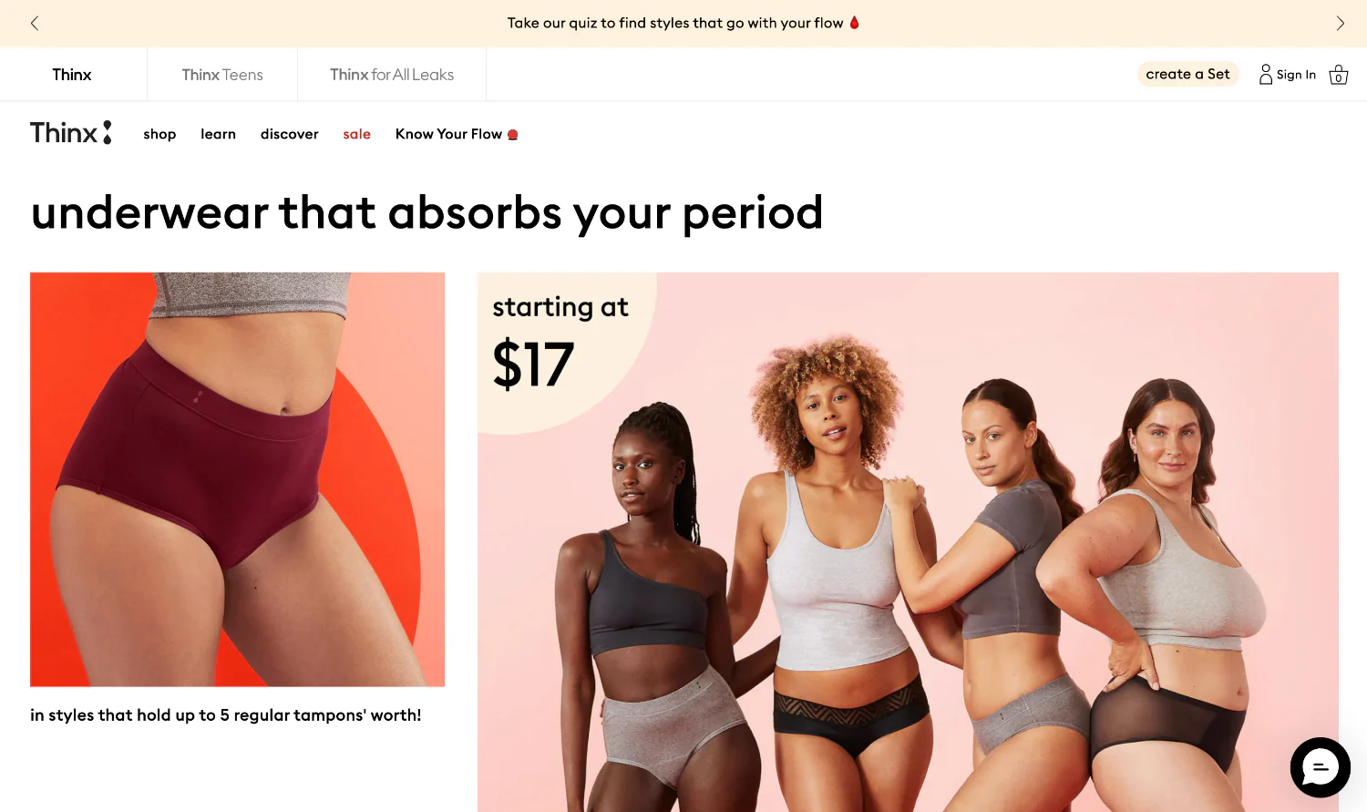 Thinx homepage featuring women modeling period underwear with a bold, informative tagline.