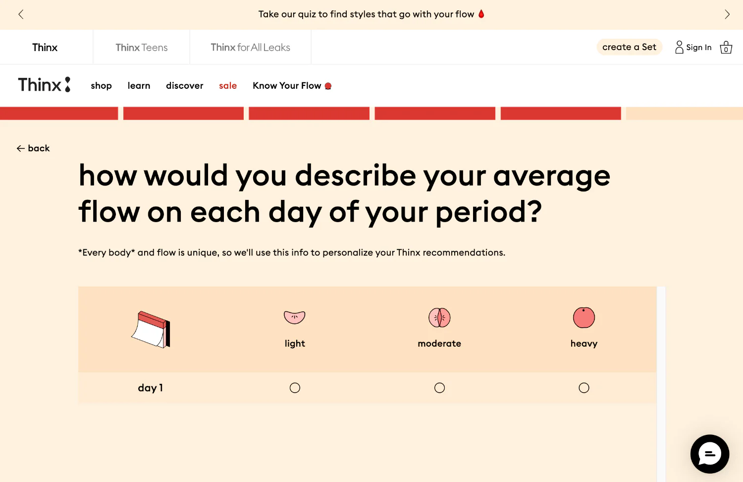 Thinx quiz page asking users to describe their period flow with simple icons and soft color palette.