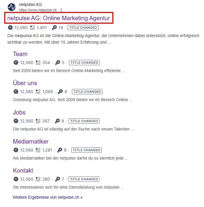 Title tag optimization example from netpulse AG SEO strategy