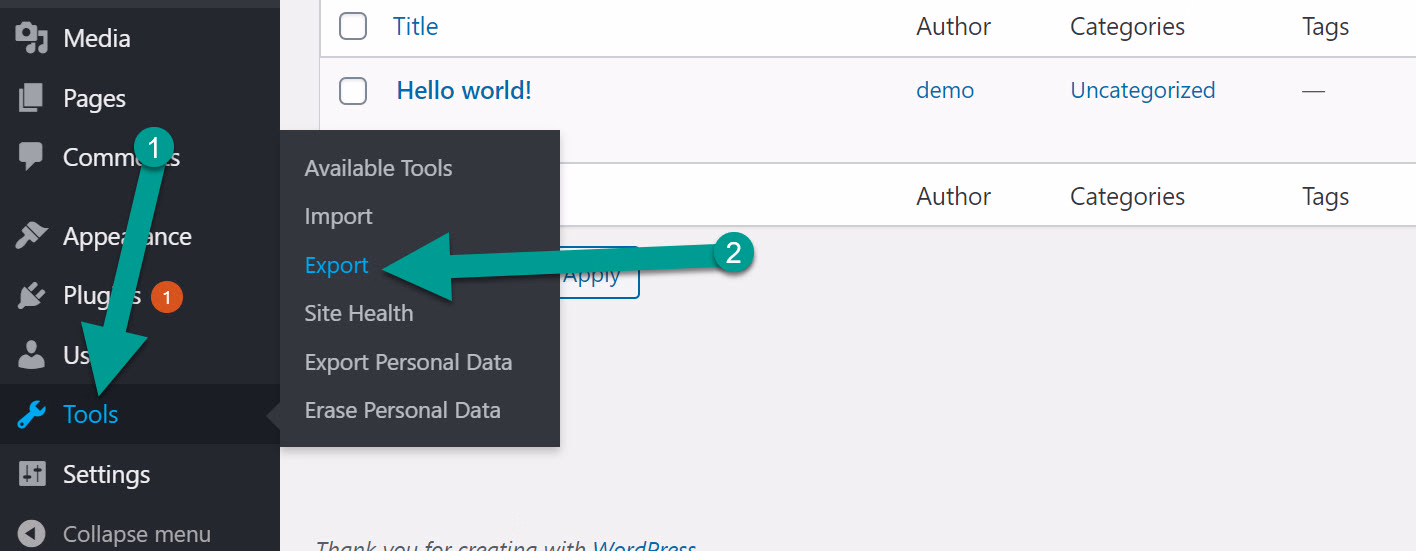 export WordPress menu
