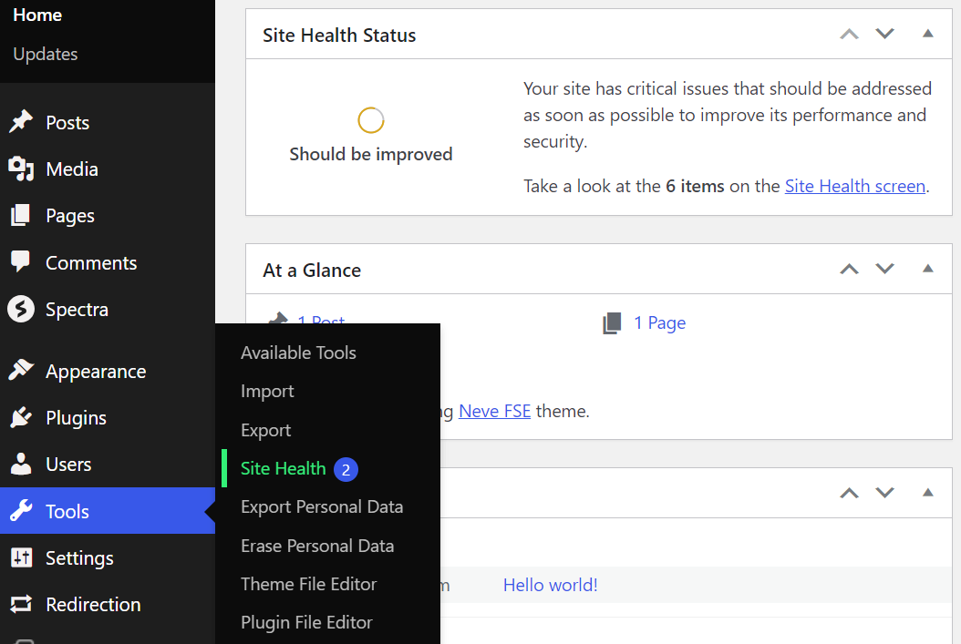 Tips to get 100% site health score - dashboard screenshot.