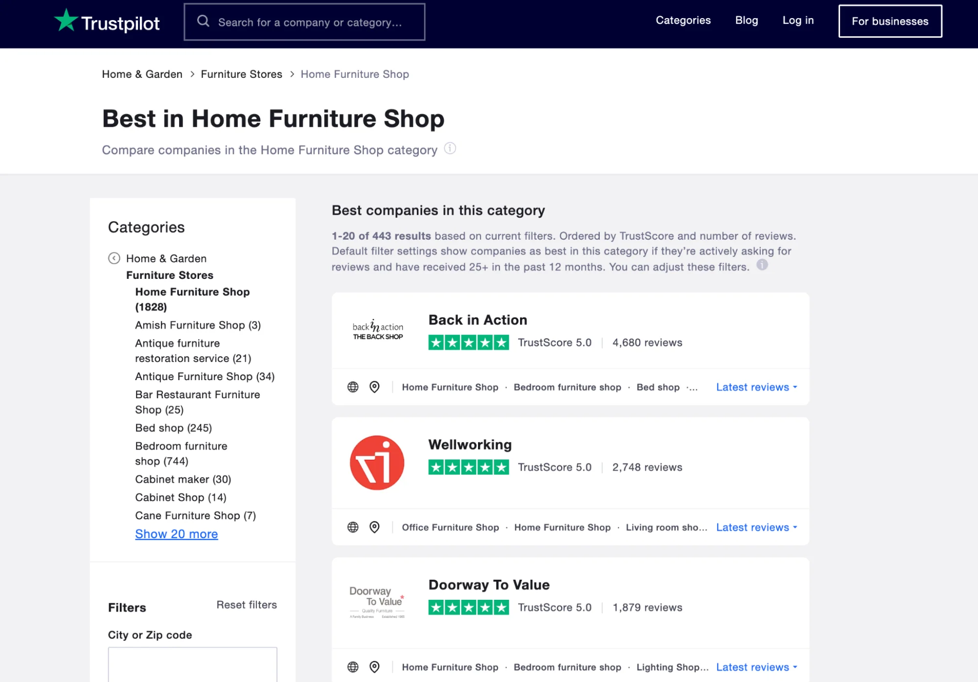 Trustpilot list of top-rated home furniture shops with reviews and ratings.
