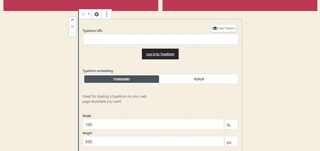 Configuring a Typeform block.