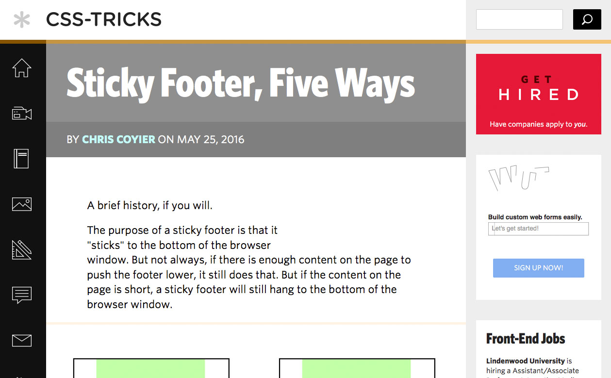 CSS Tricks screenshot starting the article with 'The purpose of a sticky footer is that it &quot;sticks&quot; to the bottom of the browser window'