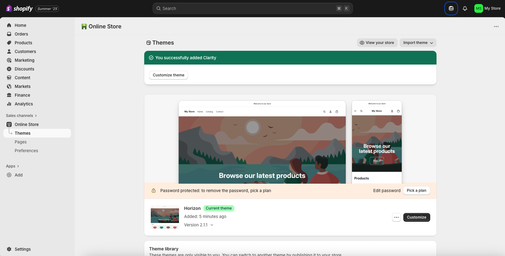 A screenshot of Shopify's dashboard, it has a grey background with green accents 