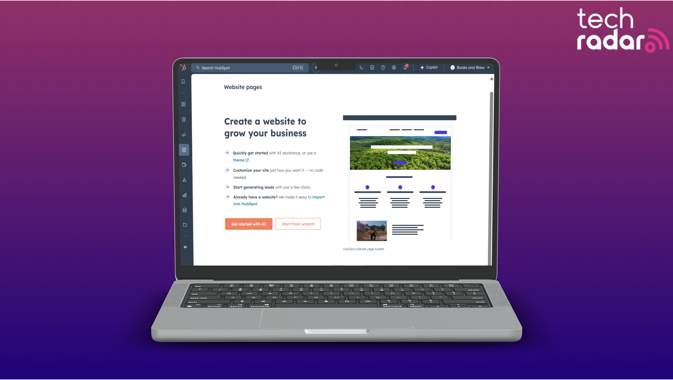 An image of a macbook on a purple background, the HubSpot website builder is being used on mac
