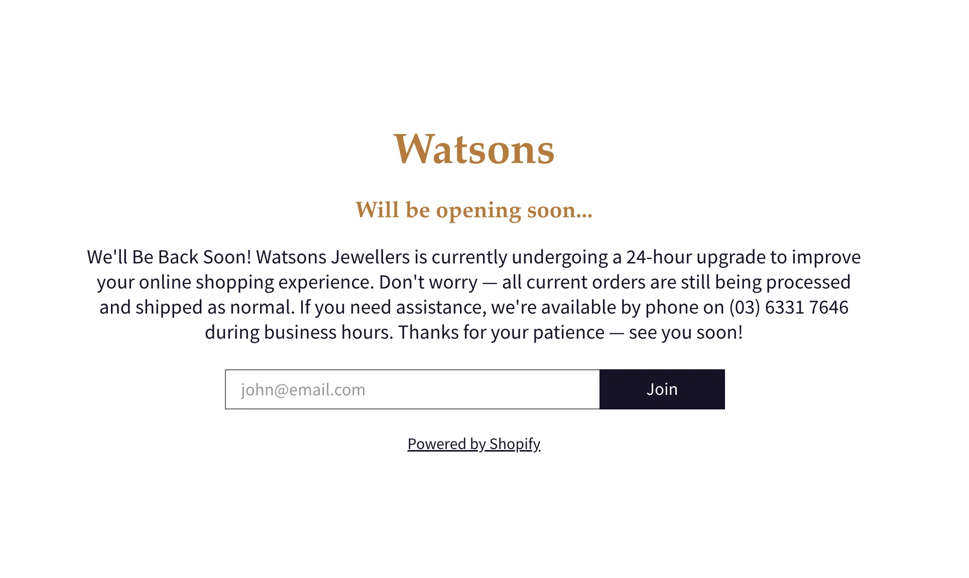 Watsons Jewellers plain text under construction website page with email signup box.