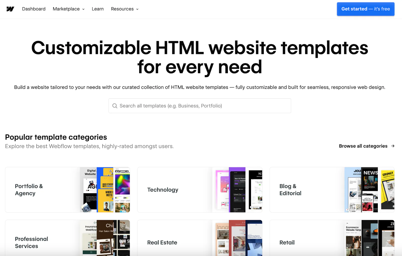 A screenshot of themes available from Webflow
