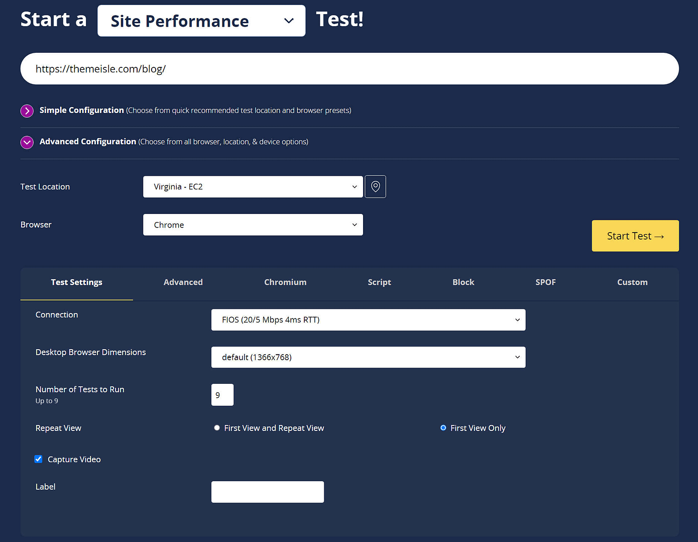 WebPageTest advanced configuration.